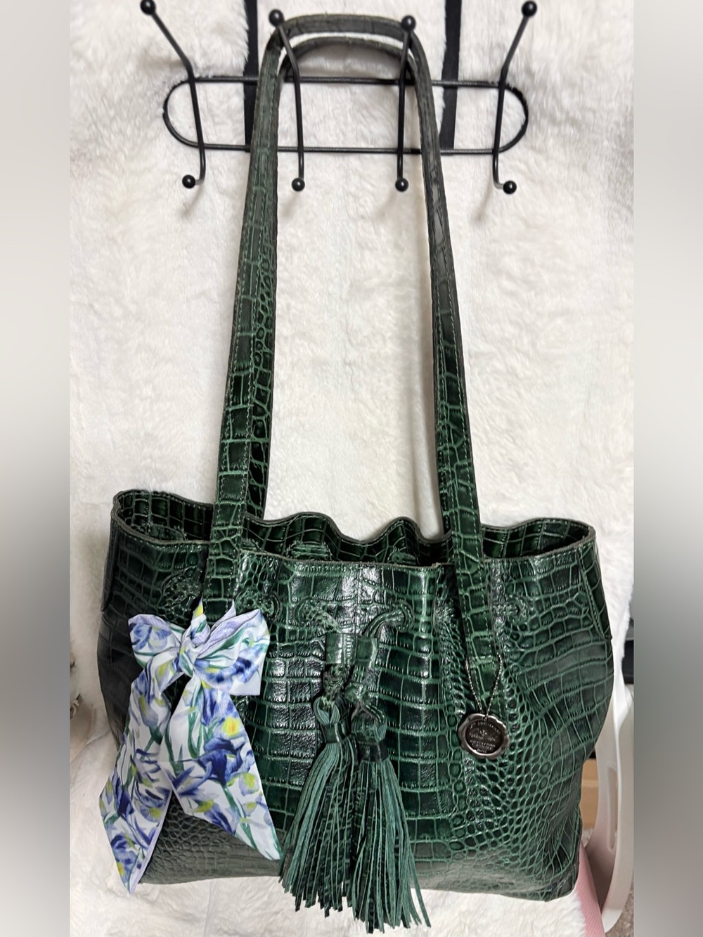 Patricia Nash Emerald Green Croc-Embossed Tote with Scarf and Tassels